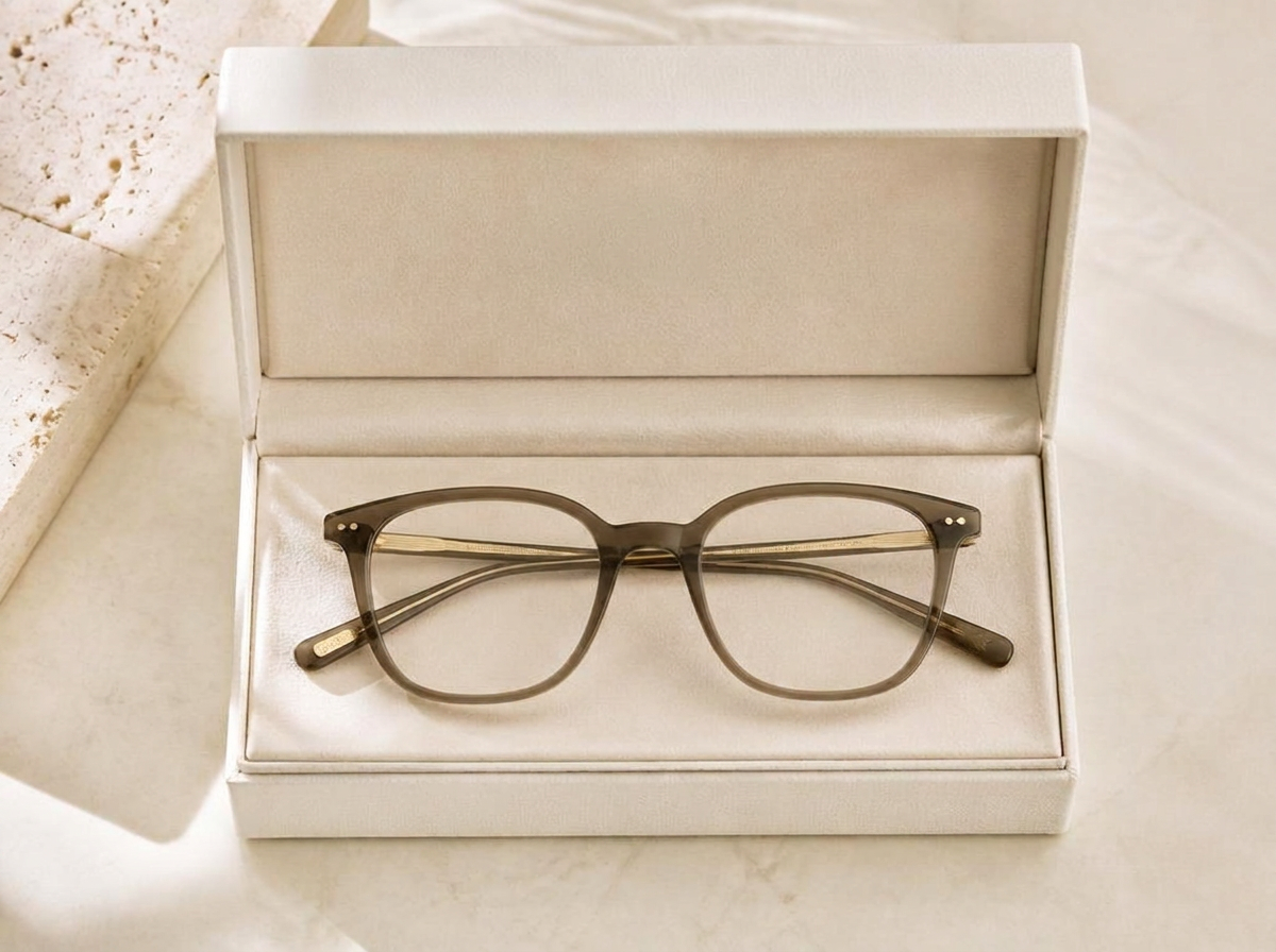 Premium eyeglass frame in an open presentation box